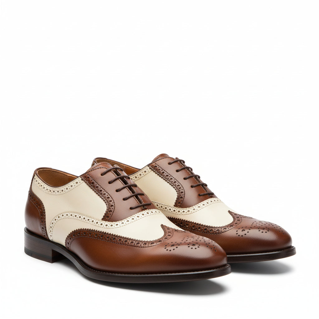 three-quarter-view - Men's Brown and White Leather Brogue Dress Shoes