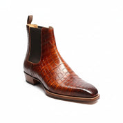 three-quarter-view - Men's Brown Chelsea Boots in Calf Leather with Crocodile Pattern