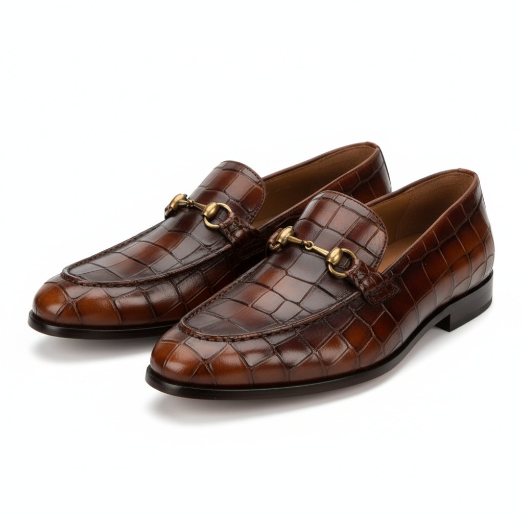 three-quarter-view - Men's Brown Crocodile Leather Moccasin Dress Shoes
