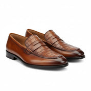 three-quarter-view - Men's Brown Crocodile Leather Moccasins - Formal Loafers