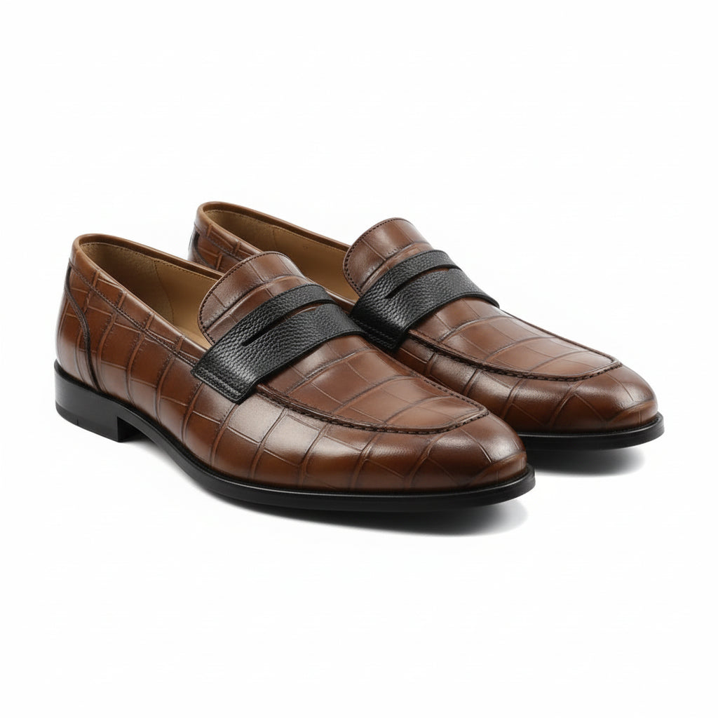 three-quarter-view - Men's Brown Crocodile Leather Moccasins