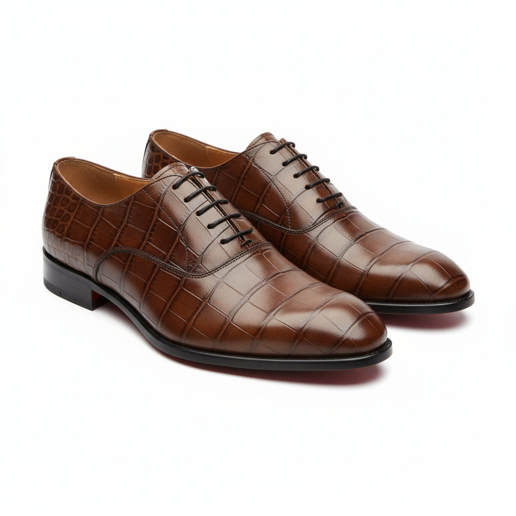 three-quarter-view - Men's Brown Crocodile Leather Oxford Shoes