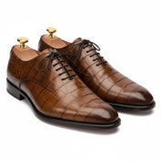 Men's Brown Crocodile-Textured Leather Dress Shoes - three-quarter-view