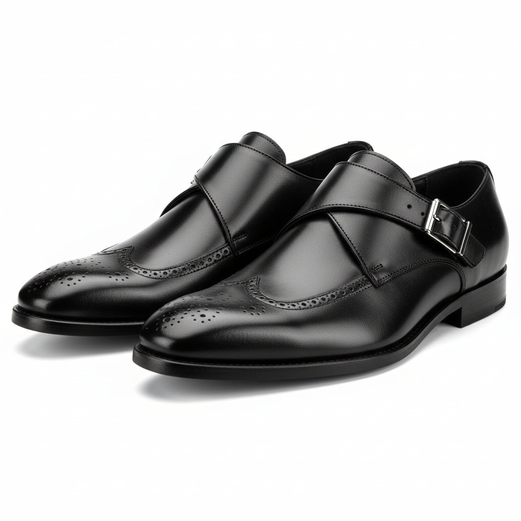 three-quarter-view - Men's Brown Genuine Leather Buckle Dress Shoes