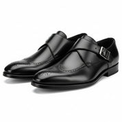 three-quarter-view - Men's Brown Genuine Leather Buckle Dress Shoes