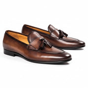 three-quarter-view - Men's Brown Italian Leather Tassel Loafers