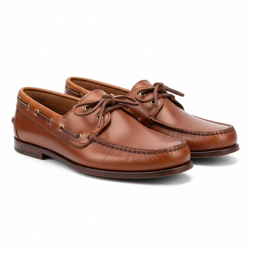 three-quarter-view - Men's Brown Leather Boat Shoes