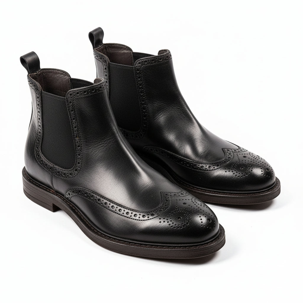 three-quarter-view - Men's Brown Leather Brogue Chelsea Boots
