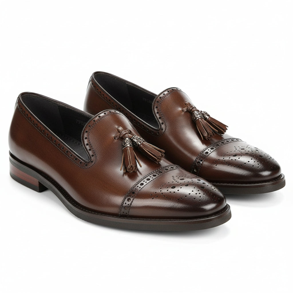 three-quarter-view - Men's Brown Leather Brogue Loafers