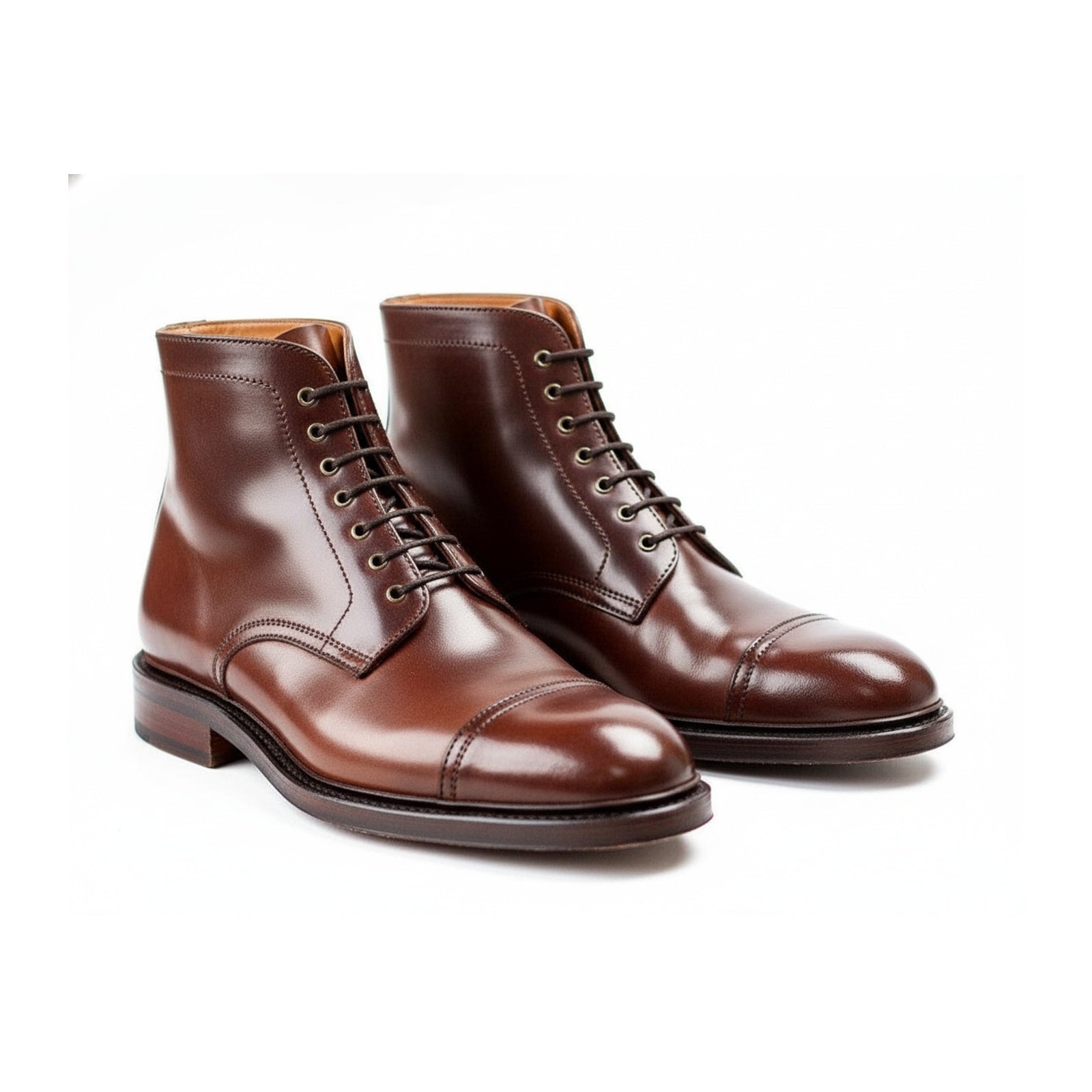 Men's Brown Leather Cap Toe Ankle Boots - three-quarter-view