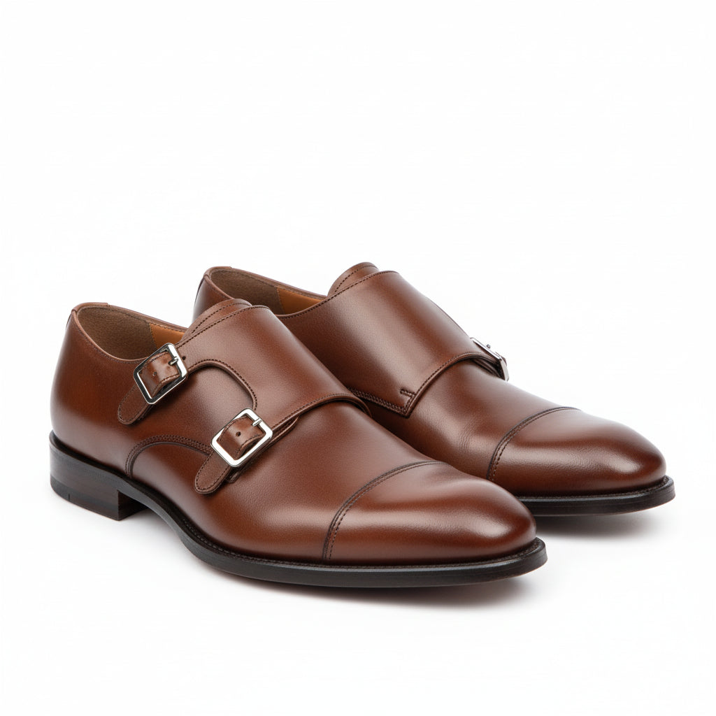three-quarter-view - Men's Brown Leather Double Buckle Oxford Shoes