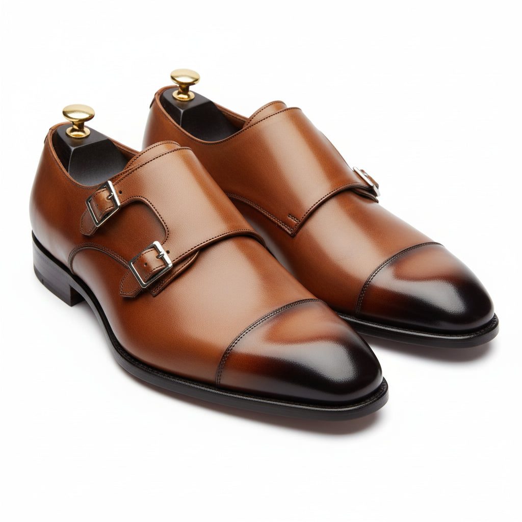 three-quarter-view - Men's Brown Leather Double Buckle Oxford Shoes