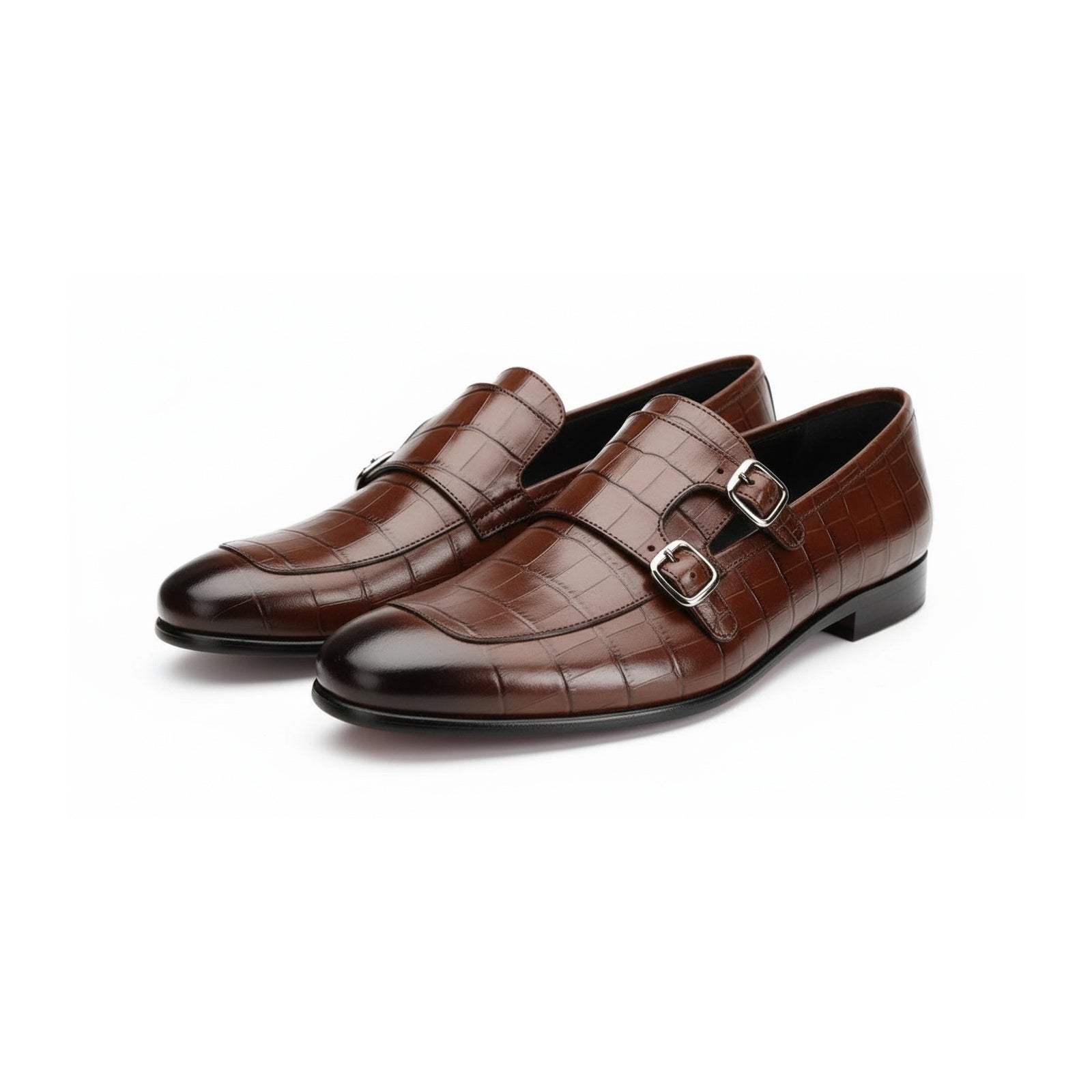three-quarter-view - Men's Brown Leather Double Buckle Penny Loafers