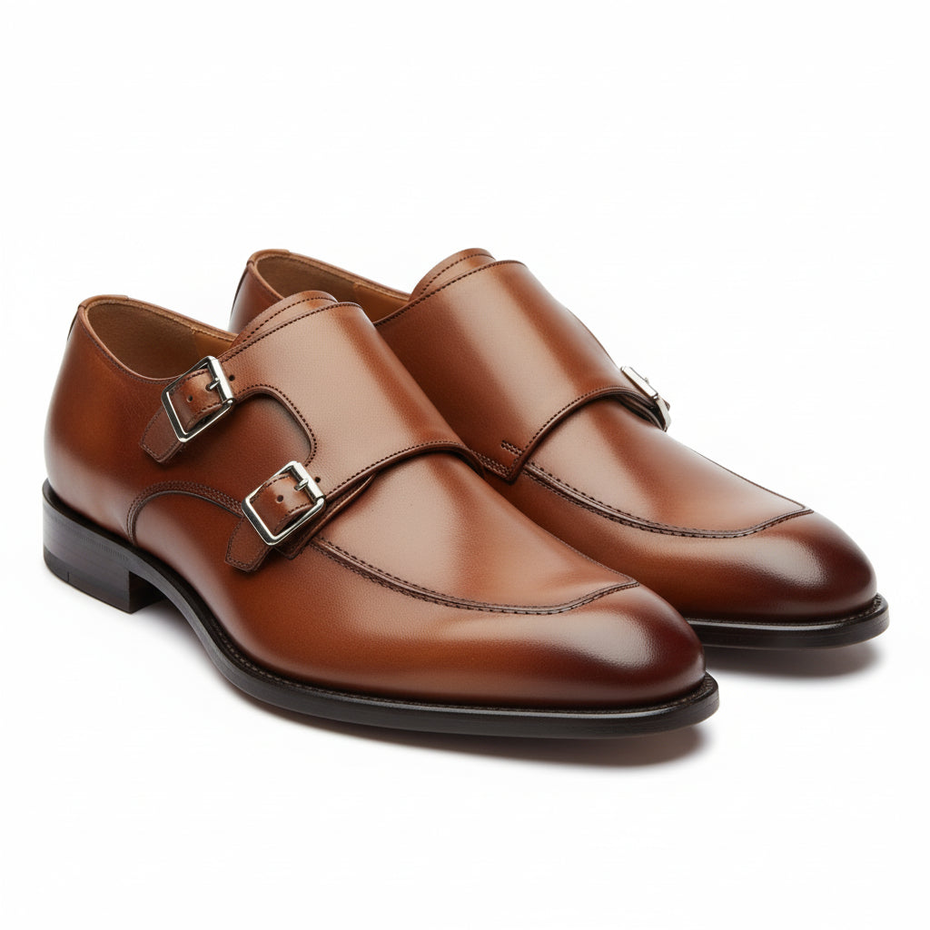 three-quarter-view - Men's Brown Leather Double Monk Dress Shoes