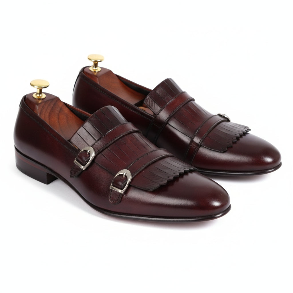 three-quarter-view - Men's Brown Leather Double Monk Shoes