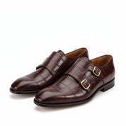 three-quarter-view - Men's Brown Leather Double Monk Strap Shoes