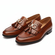 three-quarter-view - Men's Brown Leather Fringe Moccasins