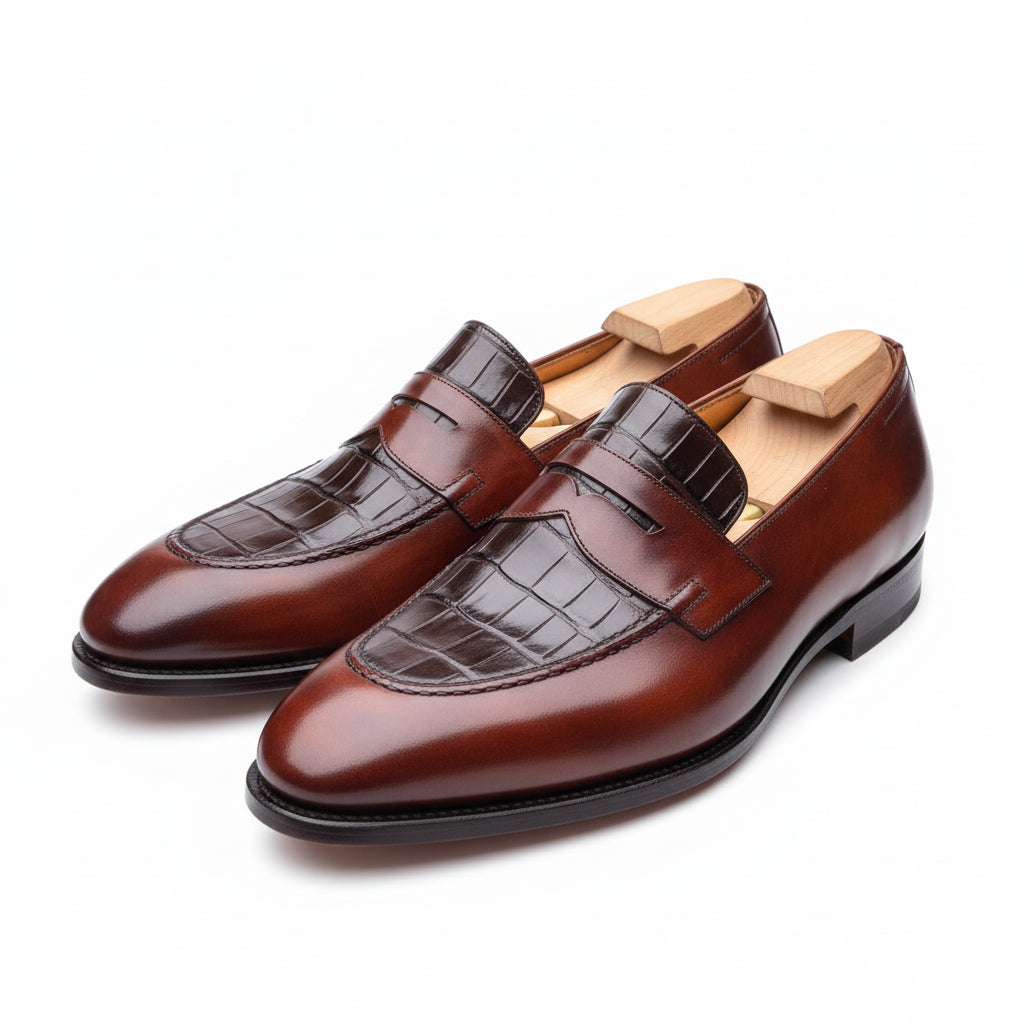 Men's Brown Leather Moccasins with Crocodile Texture - three-quarter-view