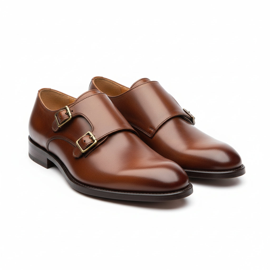 three-quarter-view - Men's Brown Leather Monk Strap Dress Shoes