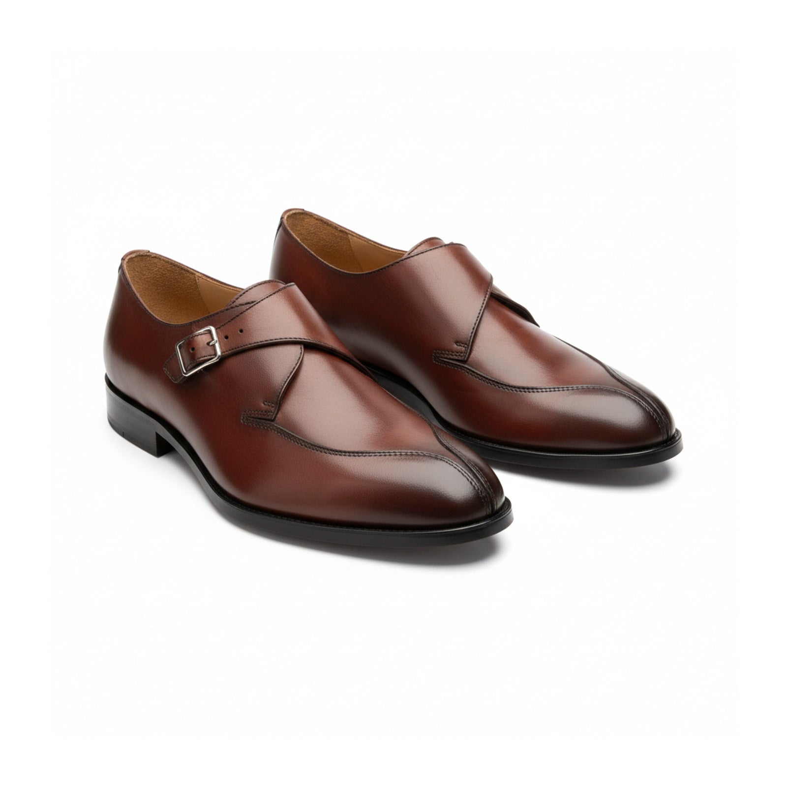 three-quarter-view - Men's Brown Leather Monk Strap Shoes
