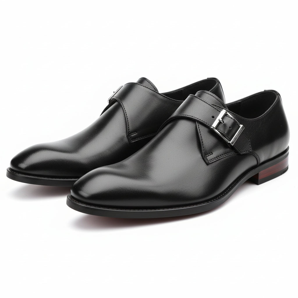 three-quarter-view - Men's Brown Leather Monk Strap Shoes