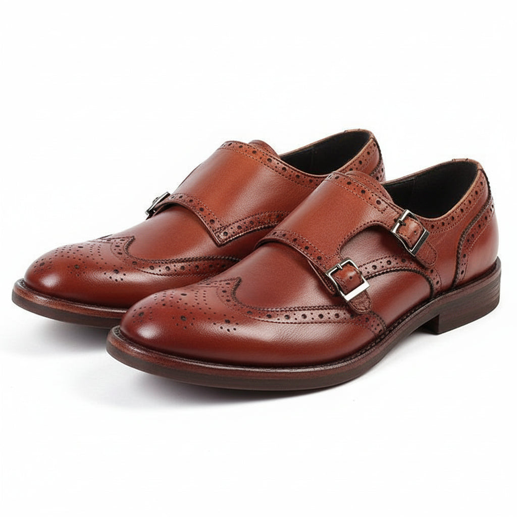 three-quarter-view - Men's Brown Leather Monk Strap Shoes