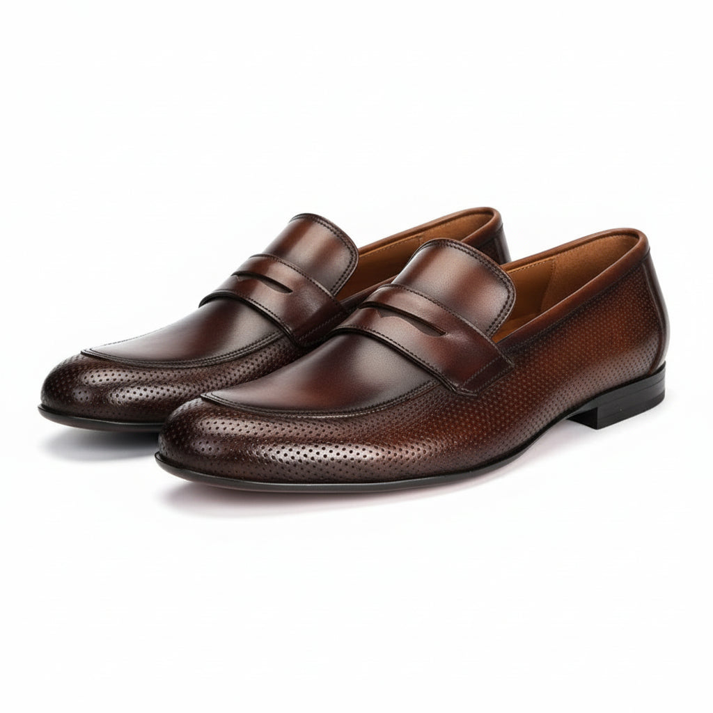 three-quarter-view - Men's Brown Leather Penny Loafer Shoes