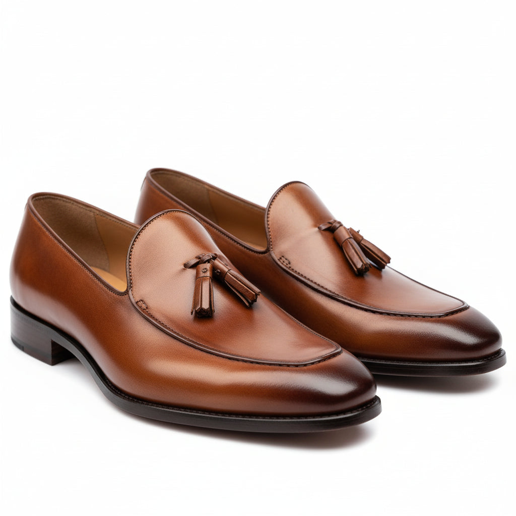 three-quarter-view - Men's Brown Leather Slip-On Formal Dress Shoes