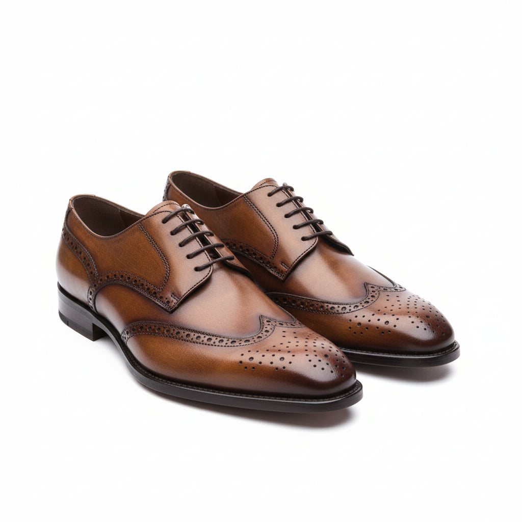 three-quarter-view - Men's Brown Leather Wingtip Brogue Dress Shoes
