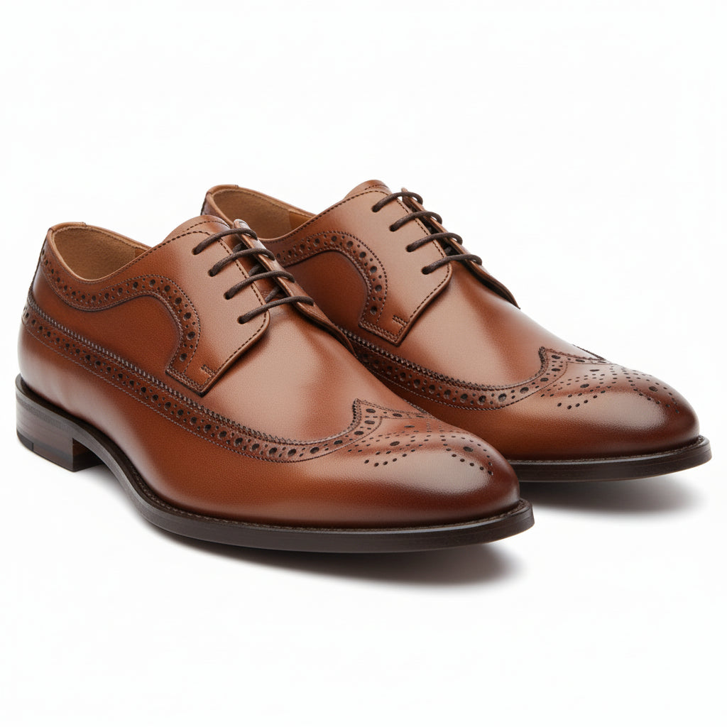 three-quarter-view - Men's Brown Leather Wingtip Brogue Shoes