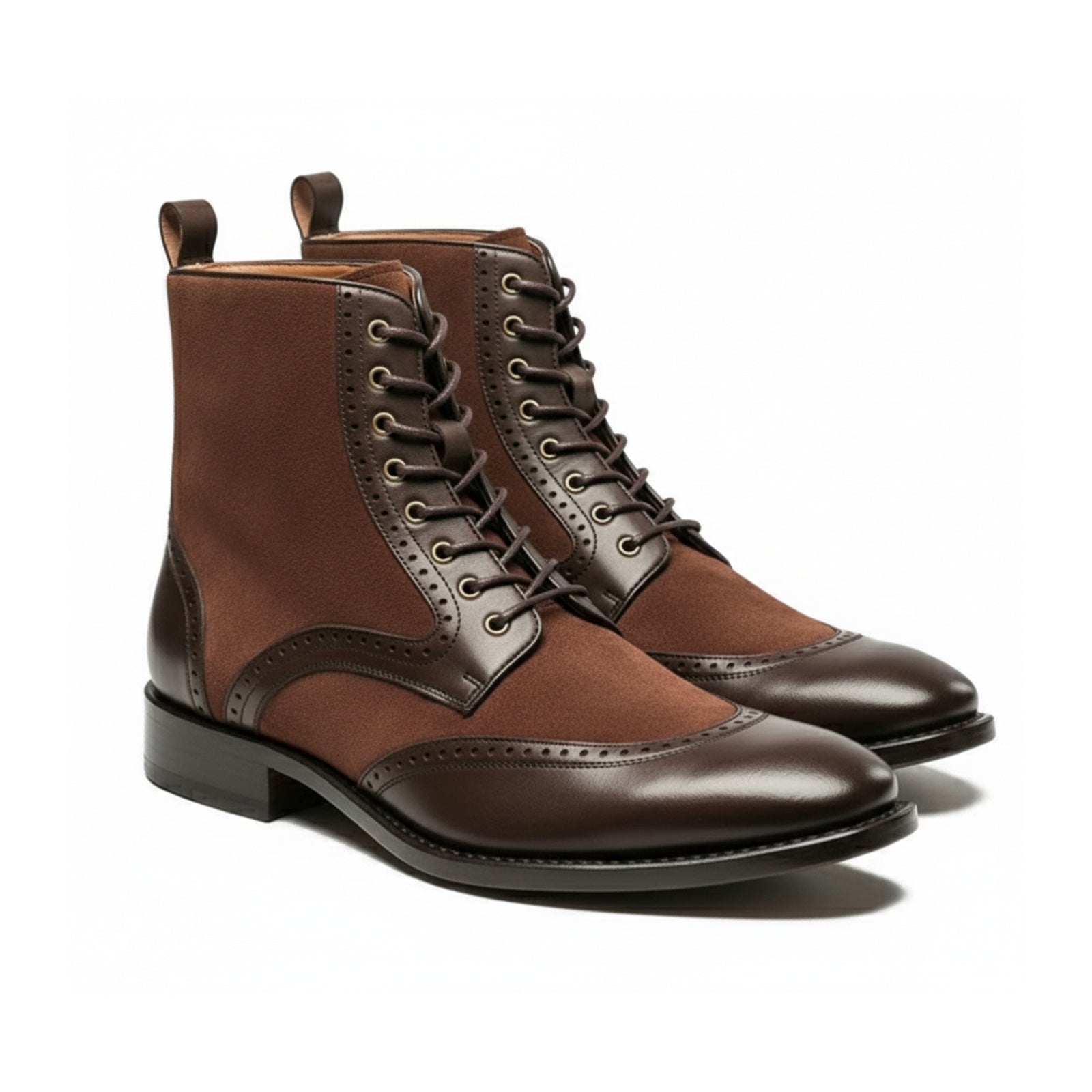 Men's Brown Leather Wingtip Lace-Up Ankle Boots - three-quarter-view