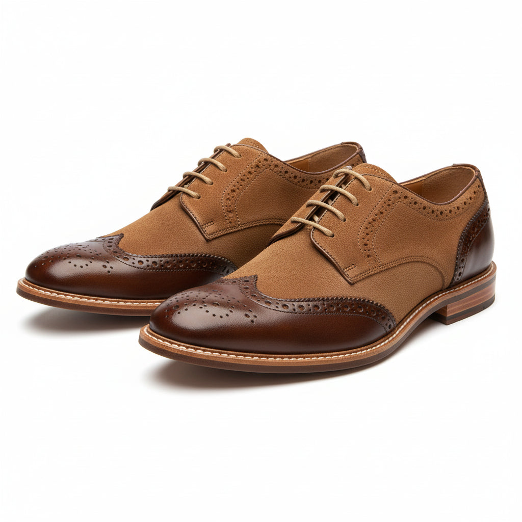 three-quarter-view - Men's Brown Leather Wingtip Oxford Shoes