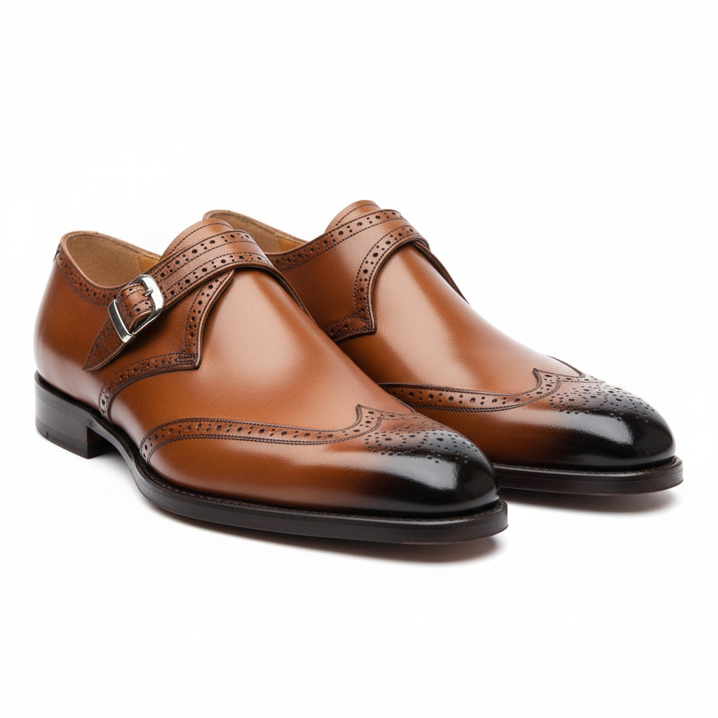Men's Brown Monk Strap Leather Dress Shoes - three-quarter-view