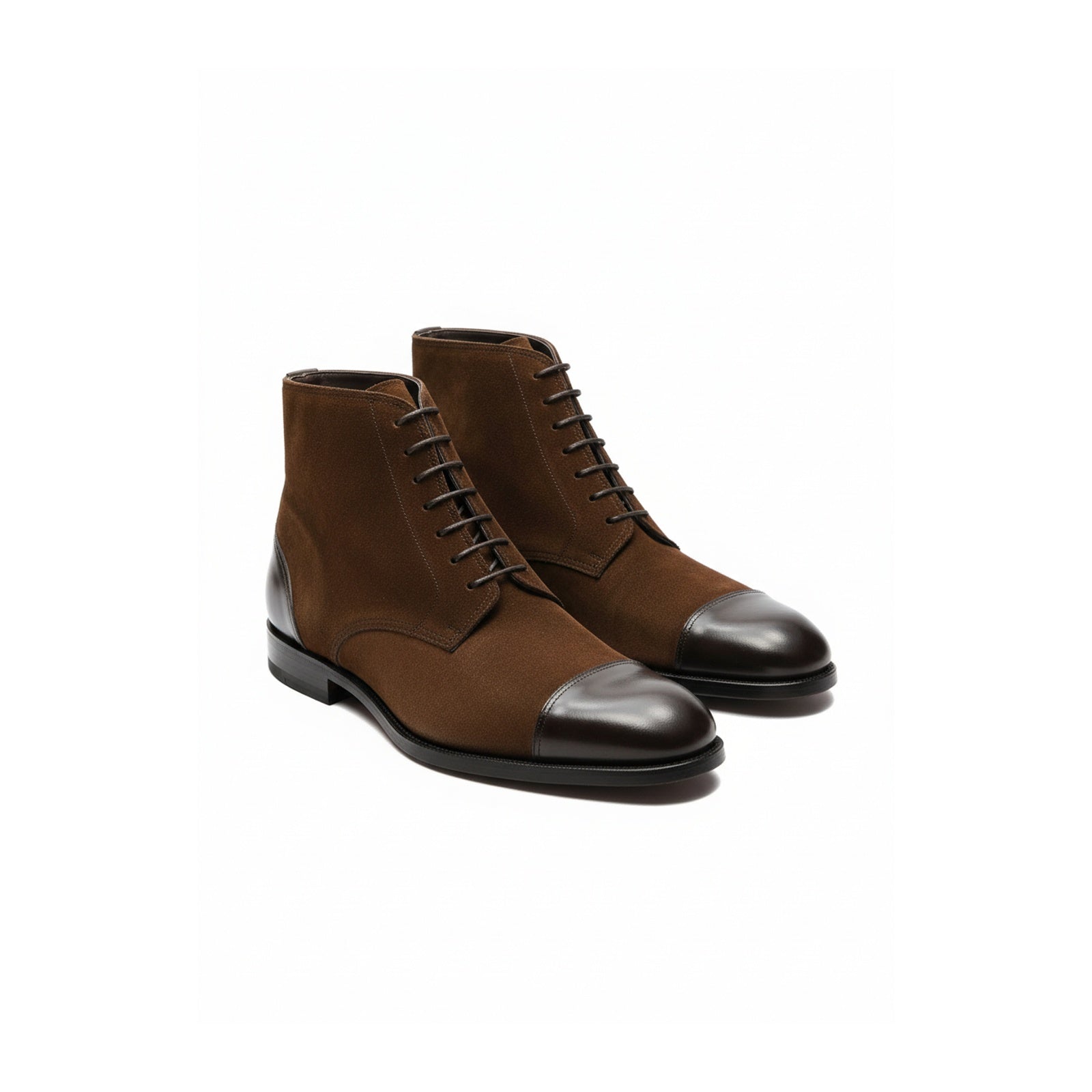 three-quarter-view - Men's Brown Suede Ankle Boots with Cap Toe