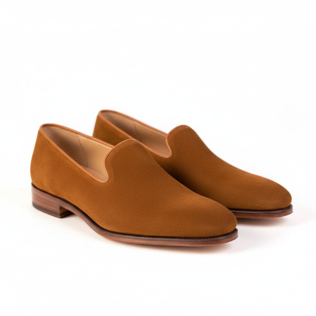 three-quarter-view - Men's Brown Suede Penny Loafer Driving Shoes