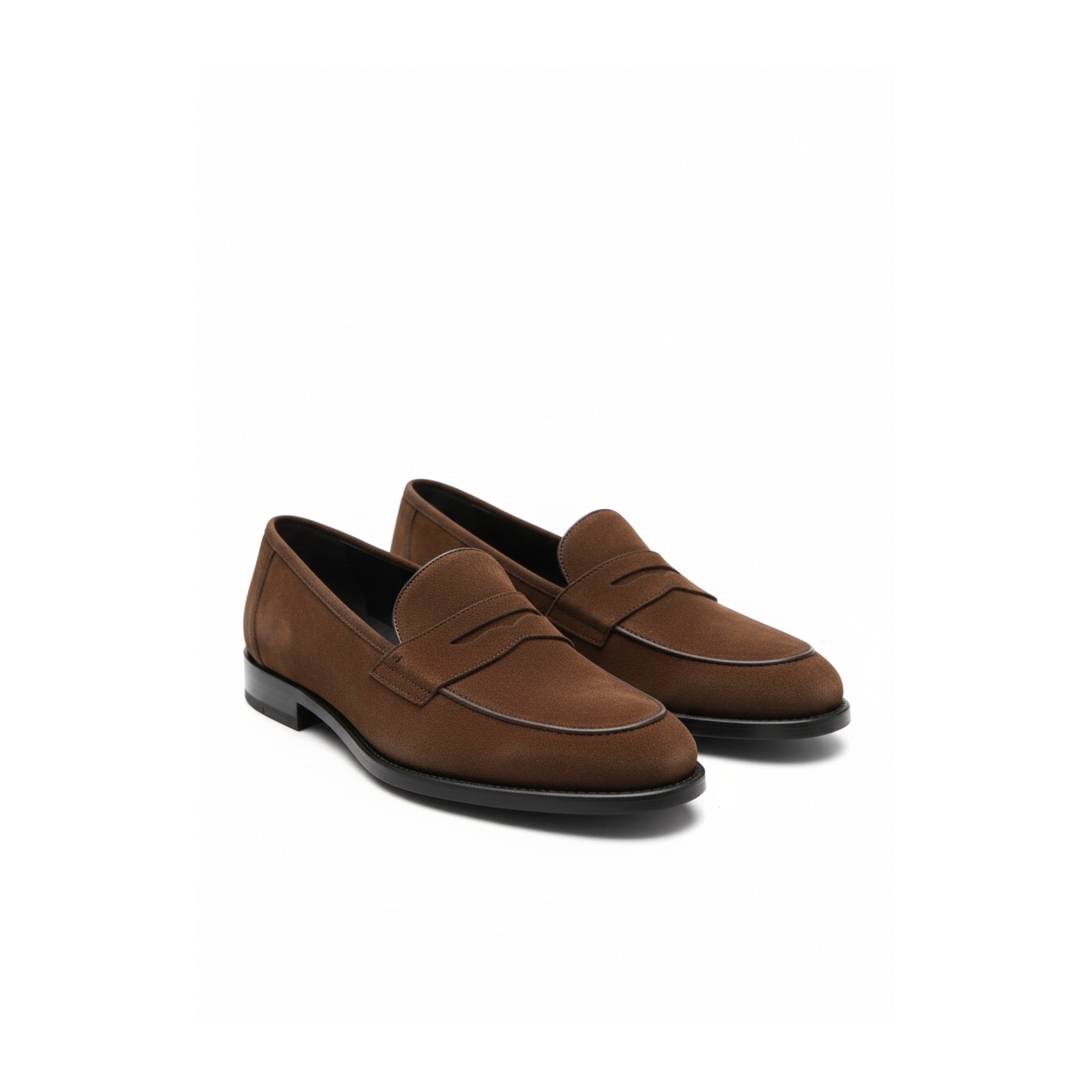 Men's Brown Suede Penny Loafers - three-quarter-view