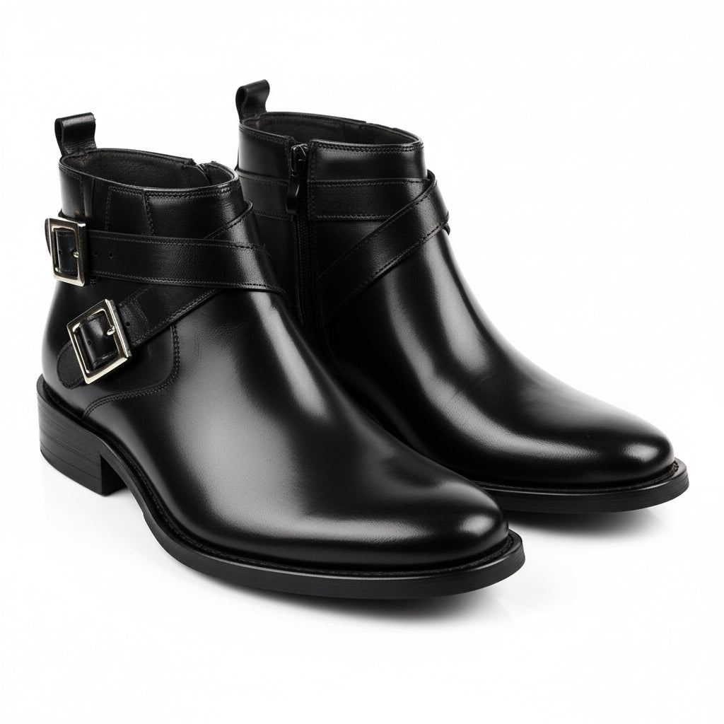 three-quarter-view - Men's Buckle Ankle Boots in Genuine Cow Leather