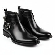 three-quarter-view - Men's Buckle Ankle Boots in Genuine Cow Leather