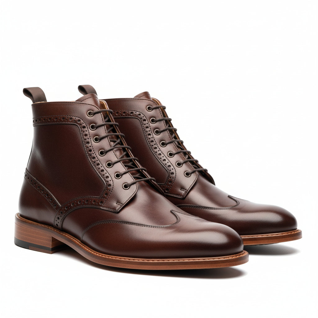 three-quarter-view - Men's Burgundy & Brown Leather Lace-Up Boots