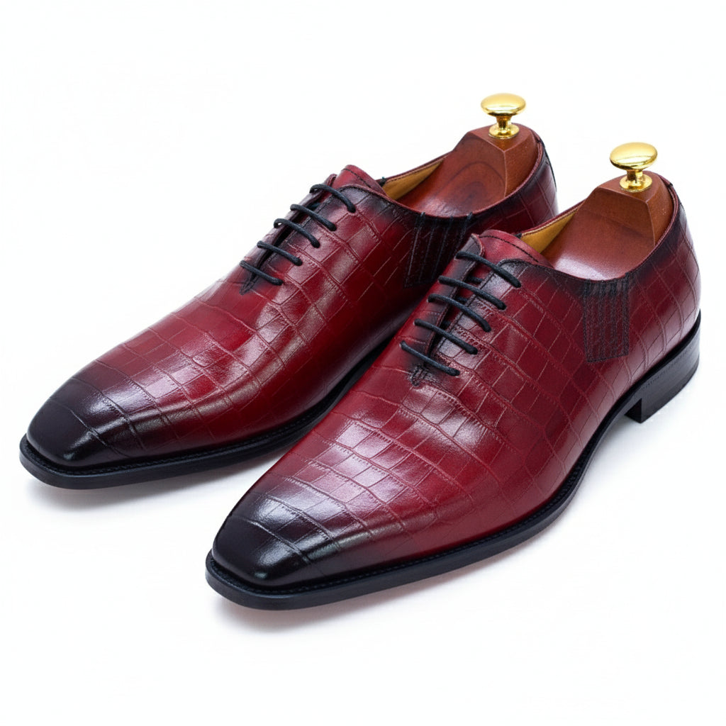 Men's Burgundy Crocodile Leather Dress Shoes - three-quarter-view