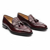 Men's Burgundy Crocodile Textured Leather Loafers - three-quarter-view