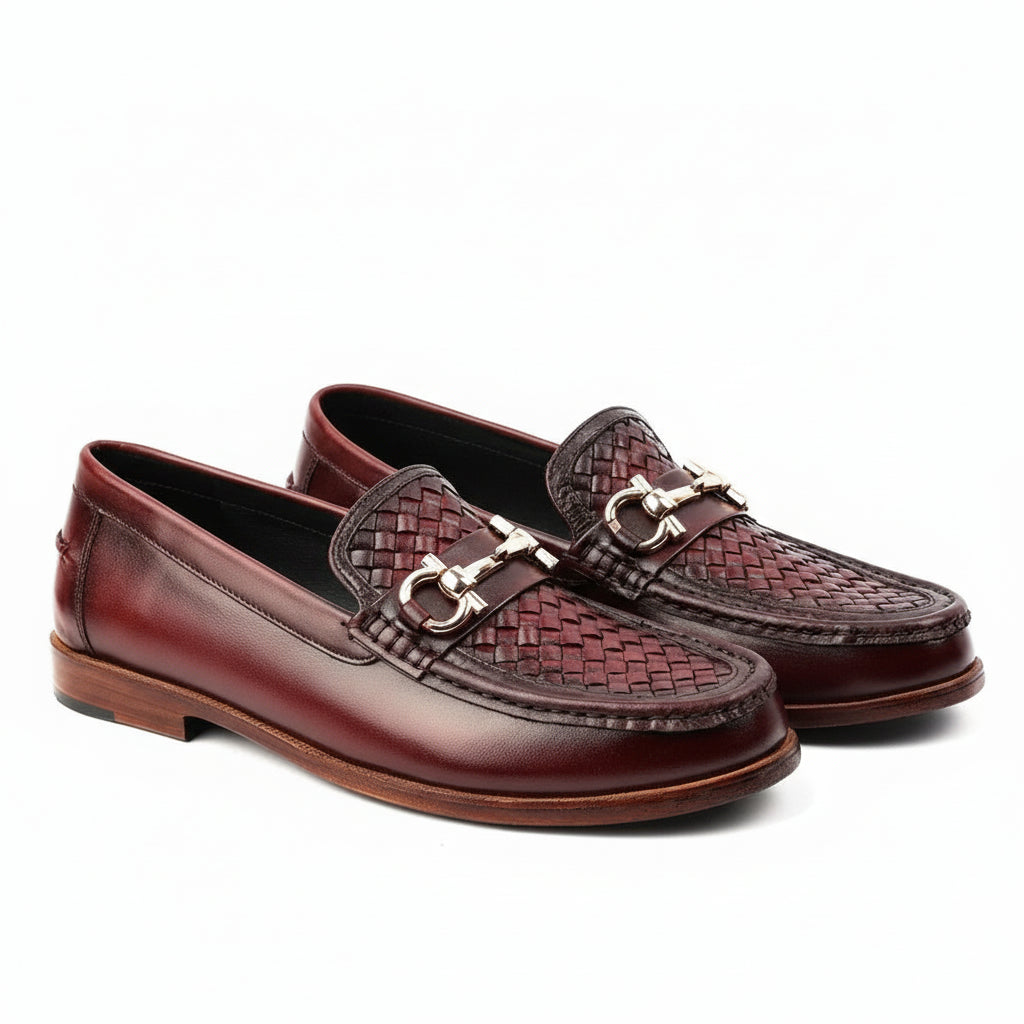 Men's Burgundy Genuine Leather Driving Shoes - three-quarter-view