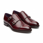 three-quarter-view - Men's Burgundy Leather Double Buckle Dress Shoes