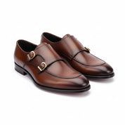 Men's Burgundy Leather Double Monk Shoes, Belgian Loafer Style - three-quarter-view