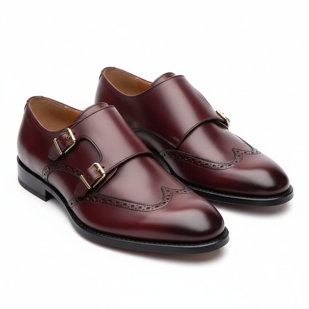 three-quarter-view - Men's Burgundy Leather Double Monk Strap Shoes