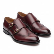 three-quarter-view - Men's Burgundy Leather Double Monk Strap Shoes