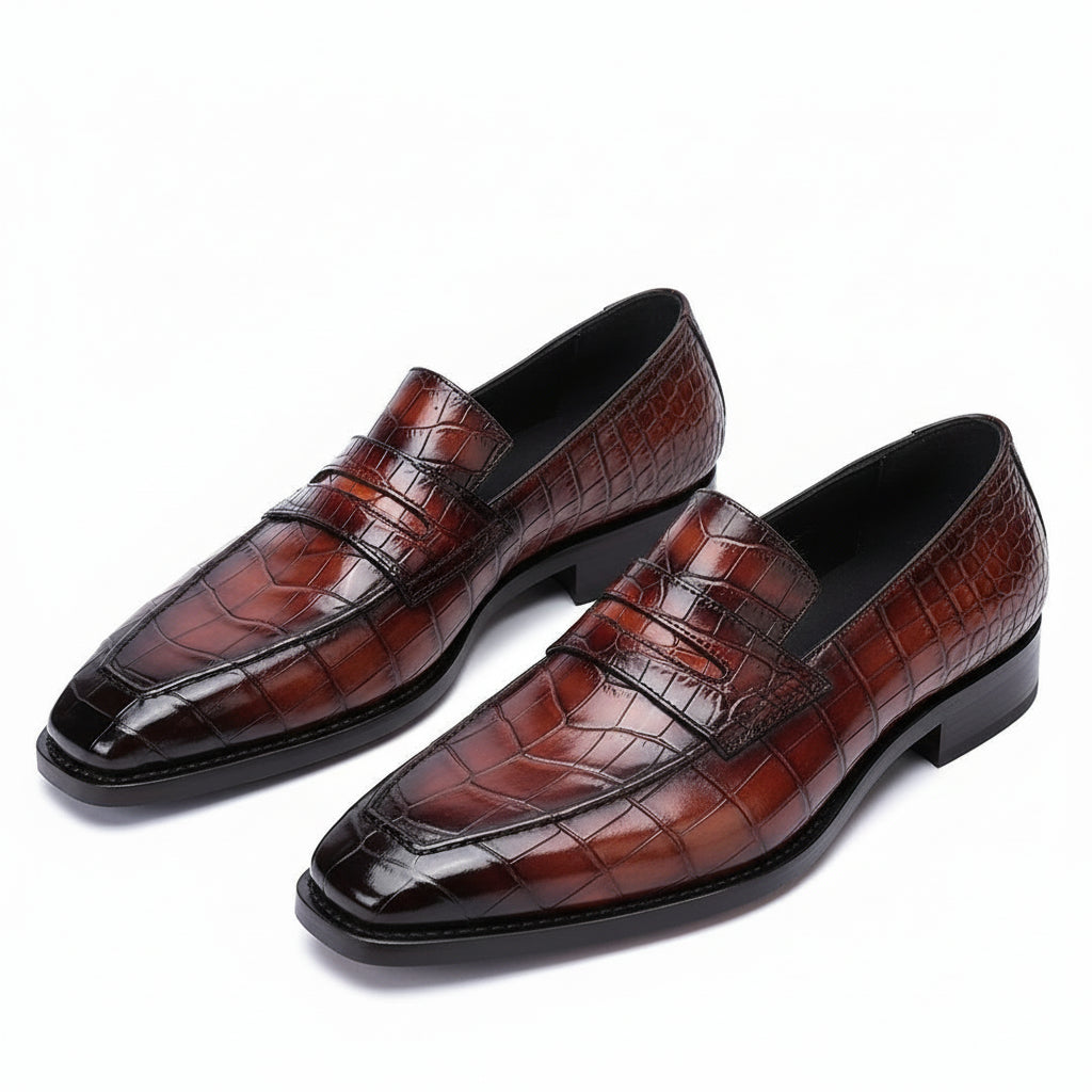 Men's Burgundy Leather Loafer Moccasins | Alligator Embossed Print - three-quarter-view