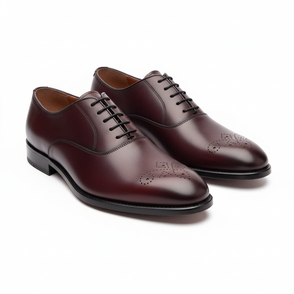 three-quarter-view - Men's Burgundy Whole Cut Oxford Leather Dress Shoes
