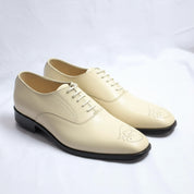 three-quarter-view - Men's Cream Brogue Dress Shoes in Genuine Calf Leather