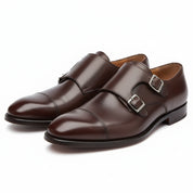 three-quarter-view - Men's Dark Brown Double Monk Strap Leather Formal Shoes